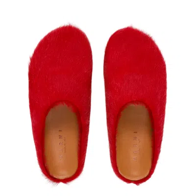 Marni Long Hair Leather Sabot Loafers In Red