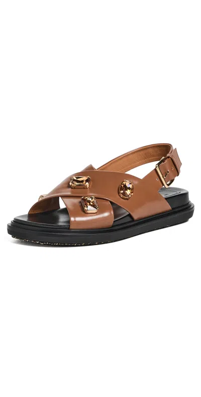 Marni Fussbett Embellished Leather Slingback Sandals In Brown
