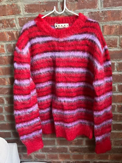 Pre-owned Marni Fuzzy Wuzzy Mohair Striped Sweater Size 50 In Red