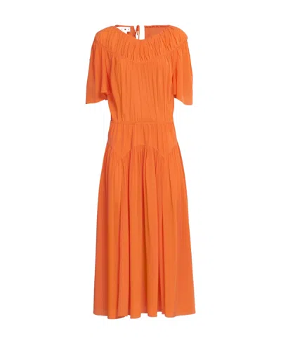 Marni Gathered-detailing Silk Midi Dress In Orange