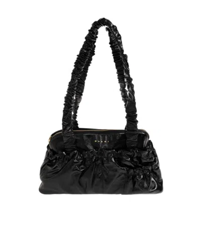 Marni Ruched Leather Shoulder Bag In Black