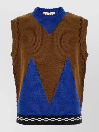 Marni Geometric Intarsia High Neck Knit Vest In Brown