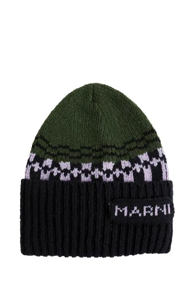 Marni Geometric Motif Wool Beanie In Green