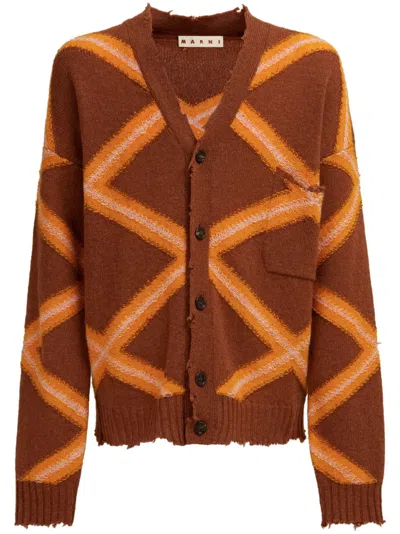 Marni Man Cardigan Brown Size 40 Virgin Wool In Multi