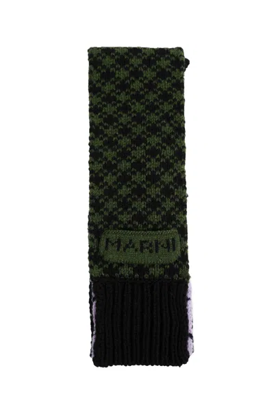 Marni Geometric Wool Knit Scarf In Green