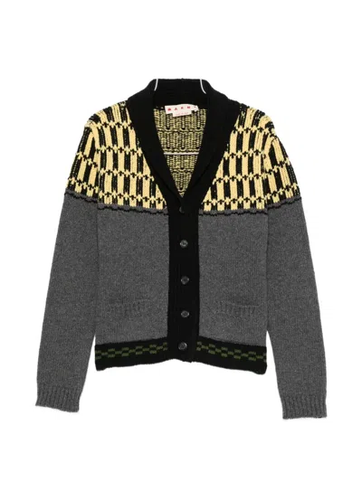 Marni Geometric-pattern Shawl-collar Cardigan In Gray