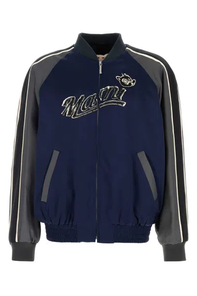 Marni Satin Bomber Jacket Featuring Contrast Sleeves In Blue
