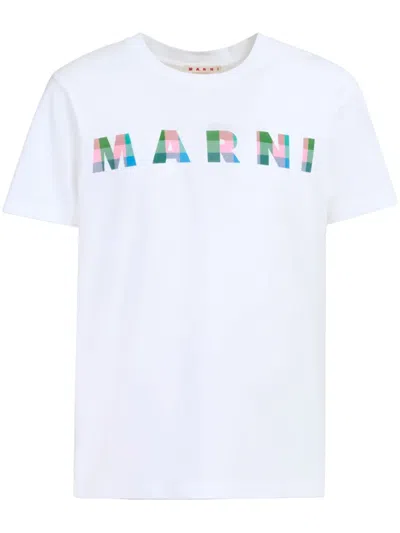 Marni Gingham Logo-print Cotton T-shirt In White