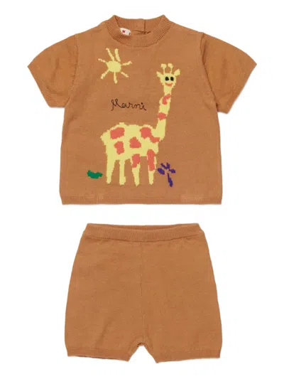 Marni Baby Jumpsuit With Giraffe In Jacquard Fabric In Brown