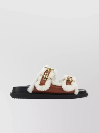 MARNI GOLD-TONE BUCKLE SHEARLING SLIDES