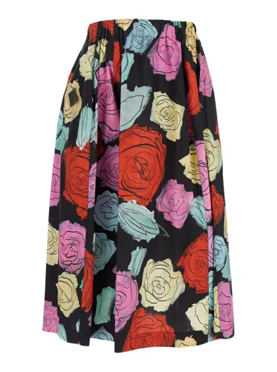 MARNI MULTICOLOR MIDI SKIRT WITH ELASTIC WAIST AND ALL-OVER FLORAL MOTIF IN COTTON WOMAN