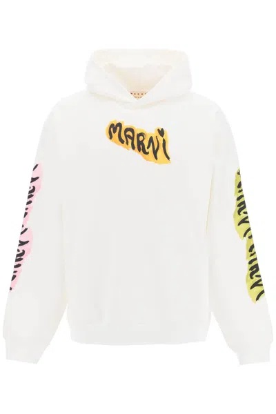 Marni Graffiti Print Hoodie In Organic Cotton French Terry For Men In White