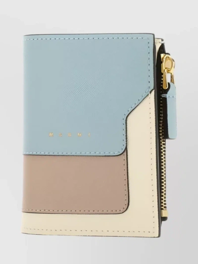 Marni Grained Leather Bifold Wallet With Zip Compartment In Cyan
