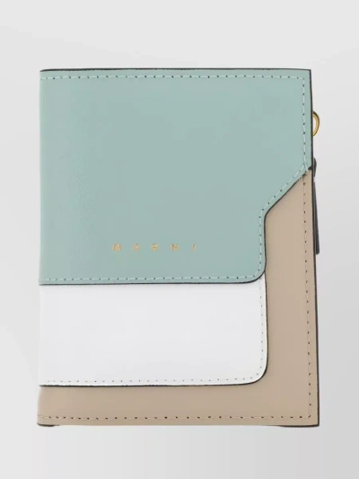 Marni Grained Leather Bifold Wallet With Zip Compartment In Cyan
