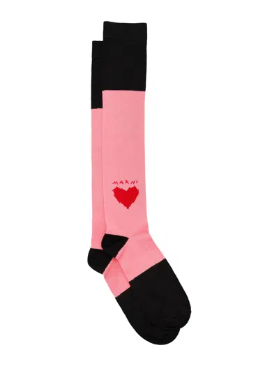 Marni Graphic Color-block Knit Socks With Heart Motif, Logo And Contrasting Toe In Rosa