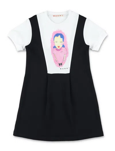 Marni Graphic Cotton Dress For Girls In Black