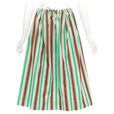 Pre-owned Marni Graphic Green Brown White Striped Cotton Midi Parachute Skirt It38 Xs