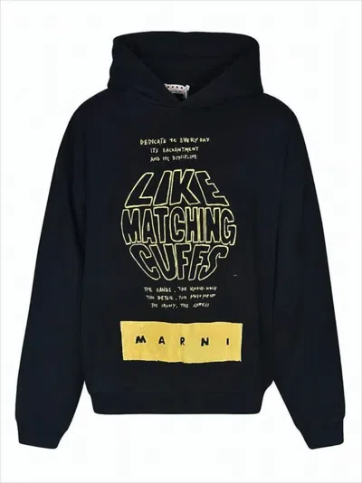 Marni Graphic Print Black Cotton Hoodie With Relaxed Fit In Blue