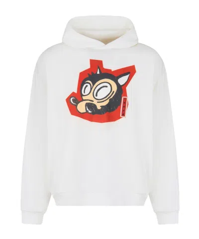 MARNI WHITE COTTON HOODIE WITH WOLF PRINT