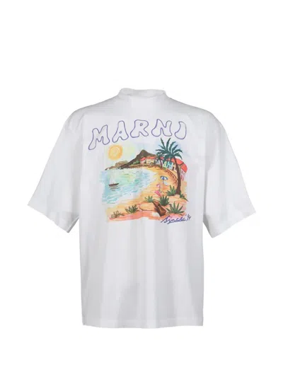 Marni Oversized Crew Neck T-shirt With Multicolor Beach Scene Print In White