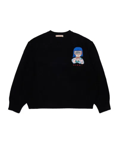 Marni Graphic-print Crew-neck Sweater In Black