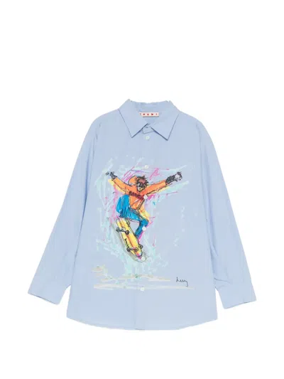 Marni Kids' Graphic-print Long-sleeve Shirt In Blue