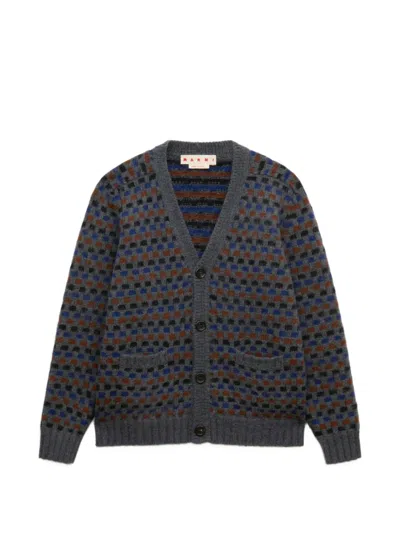 Marni Gray And Blue Shetland Wool Jacquard Cardigan In Animal Print