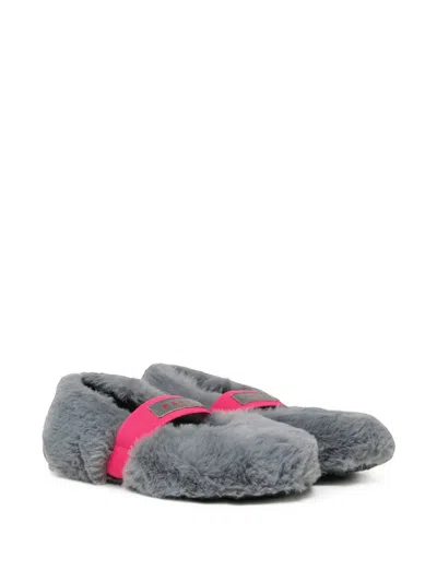 Marni Kids' Gray Faux Fur Ballerinas With Logo Elastic Strap