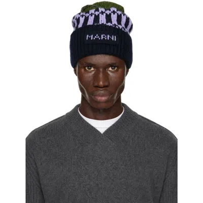 Marni Green & Navy Knit Wool Beanie In Jqv66 Stone Green
