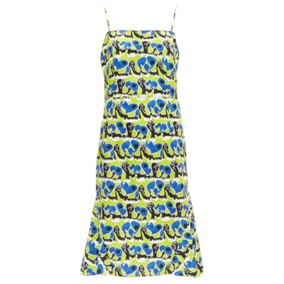 Pre-owned Marni Green Blue Geometric Print Cotton Kick Flared Summer Dress It42 M