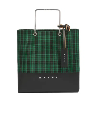 Marni Green Checked Twill Shopper With Metal Handles