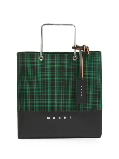 Marni Green Checked Twill Shopper With Metal Handles In White