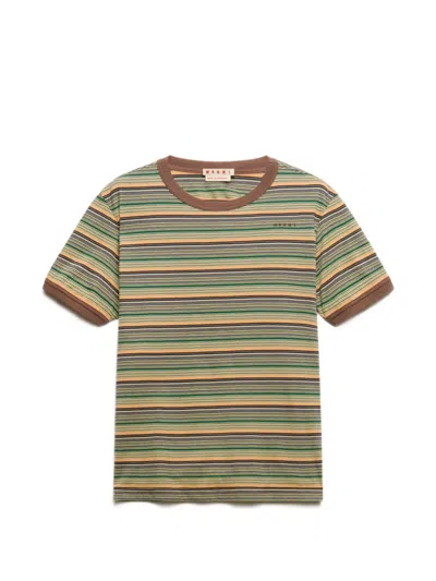 Marni Green Cotton T-shirt With Fine Stripes