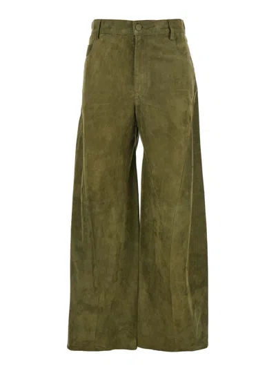 Marni Green Pants With Wide Leg And Logo Patch On The Rear In Suede Woman