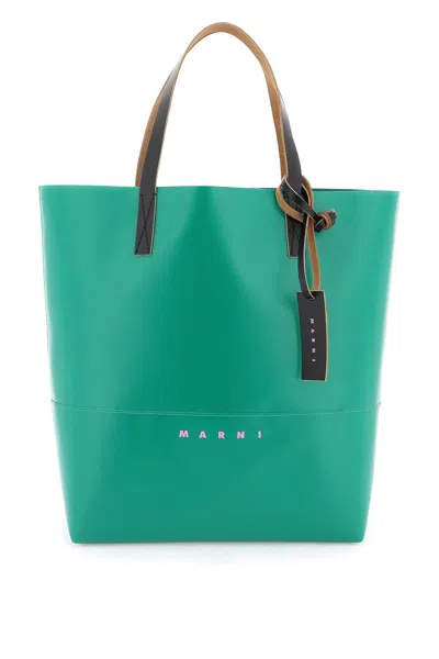 Marni Green Pvc Tote Handbag For Men With Contrasting Logo Print And Leather Handles