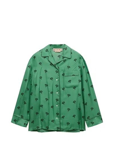 Marni Green Silk Twill Pajama Shirt With Floral Print