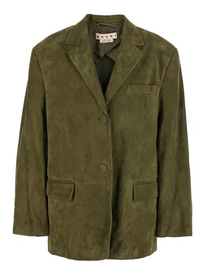 MARNI GREEN SINGLE-BREASTED JACKET WITH NOTCHED REVERS AND LOGO PATCH ON THE REAR IN SUEDE WOMAN