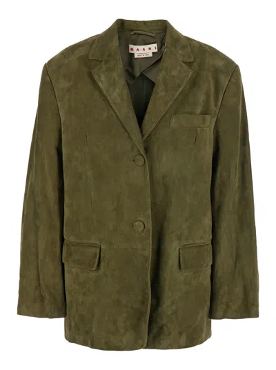 MARNI MARNI WOMEN GREEN SINGLE-BREASTED JACKET WITH NOTCHED REVERS AND LOGO PATCH ON THE REAR IN SUEDE WOM