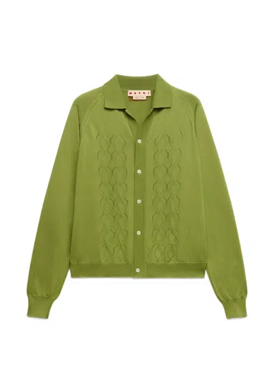 Marni Green Techno Knit Cardigan With Polo Collar