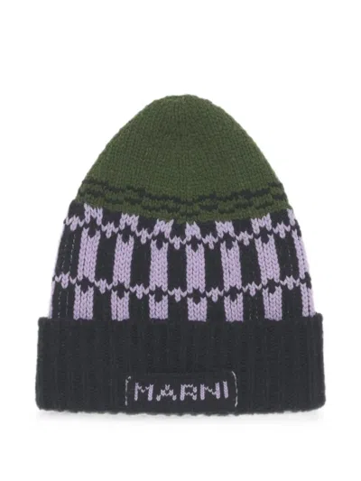 Marni Green Wool Beanie With Geometric Motif In Multi