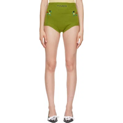 Marni Green Wool-cashmere Flower Embroidery Brief Shorts In Flv40kiwi
