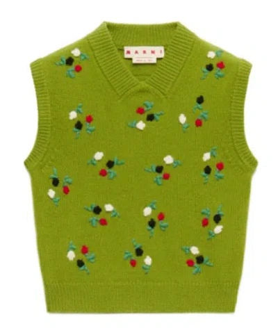 Marni Green Wool-cashmere Vest With Flower Embroidery