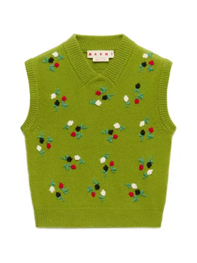 Marni Cashmere Wool Floral Embroidered V-neck Sleeveless Knitted Top In Green
