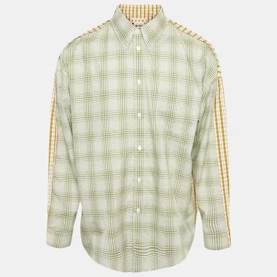 Pre-owned Marni Green/yellow Checked Cotton Raw Edge Detail Oversized Shirt M
