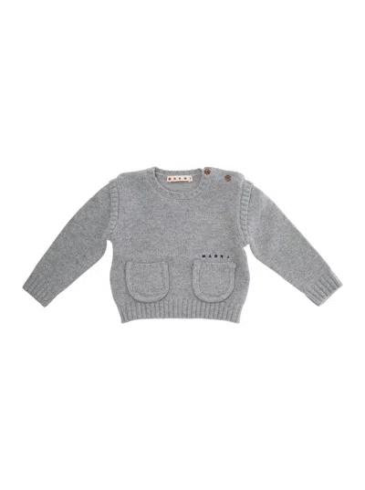 Marni Kids' Grey Crew Neck Sweater With Logo Lettering On The Front In Wool Blend Baby In Gray