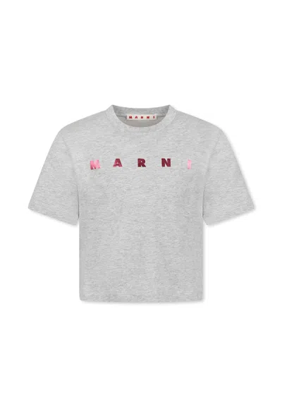 Marni Kids' Grey Crop T-shirt For Girl With Metallic Fuchsia Logo