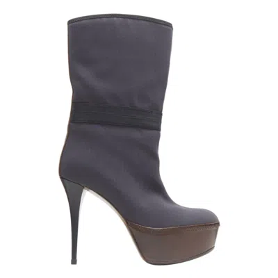 Pre-owned Marni Grey Fabric Upper Brown Leather Platform Round Toe High Heel Boot Eu36 In Gray
