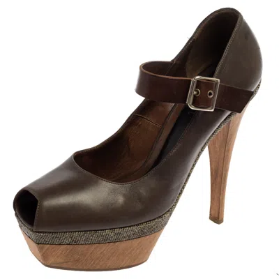 Marni Grey Leather Mary Jane Peep Toe Platform Pumps In Brown