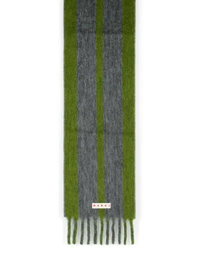 Marni Grey Mohair Blend Scarf With Fringes In Green