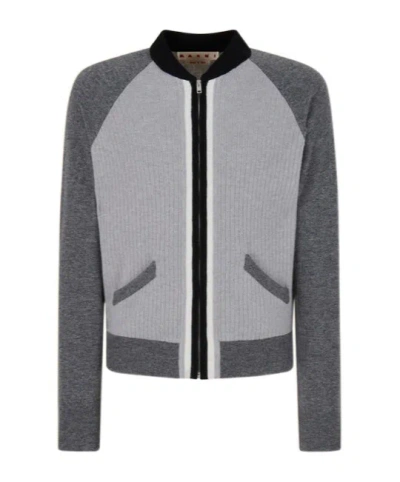 MARNI GREY WOOL CARDIGAN WITH BOMBER NECK